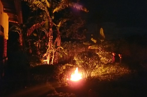 Bonfire in the cooking pit.