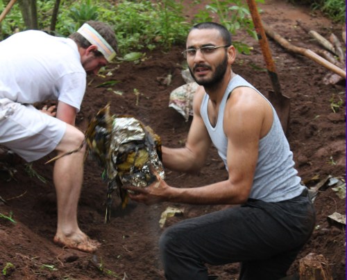 Removing the cooked turkeys from the ground.